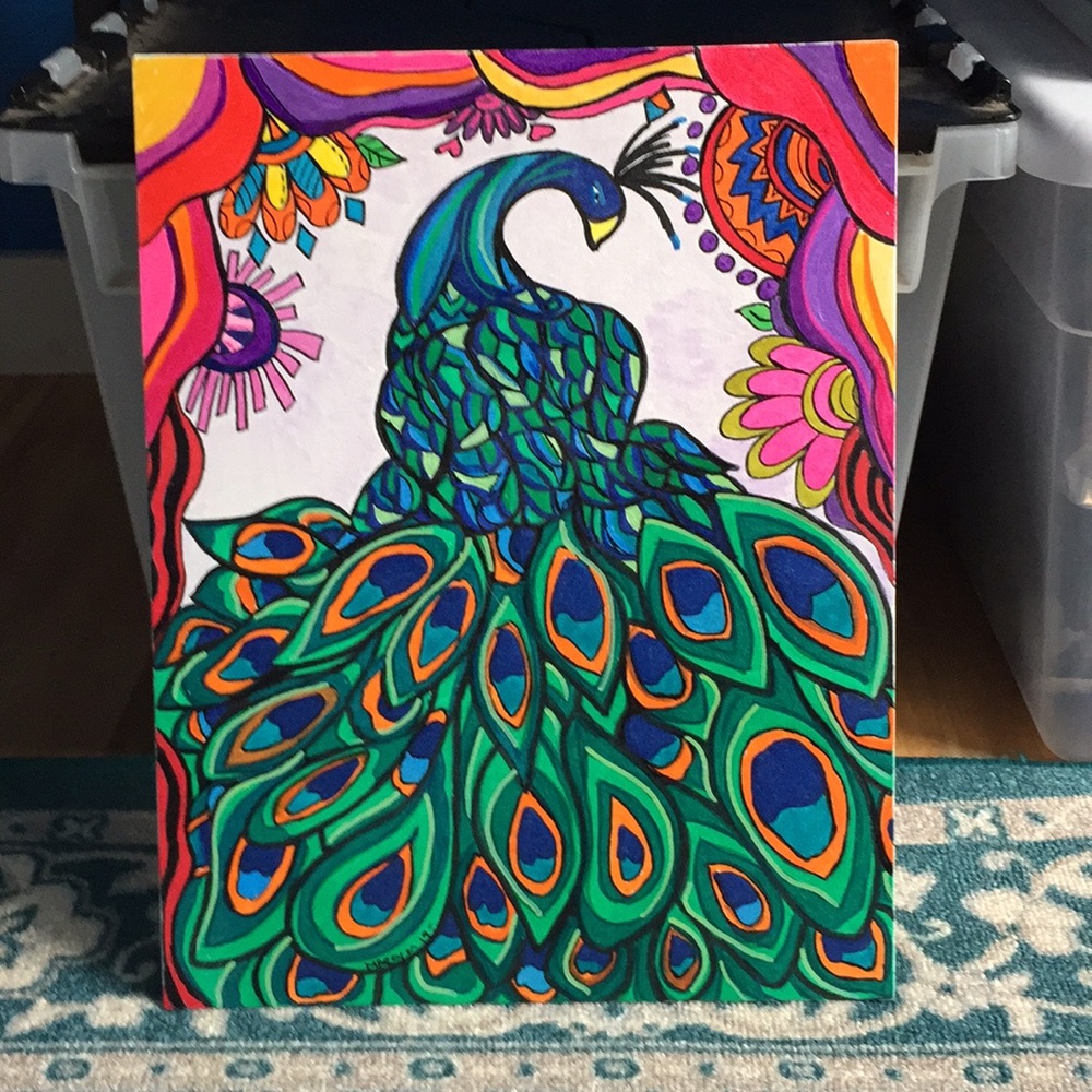 Peacock 🦚 acrylic pen art canvas 11x14 💕